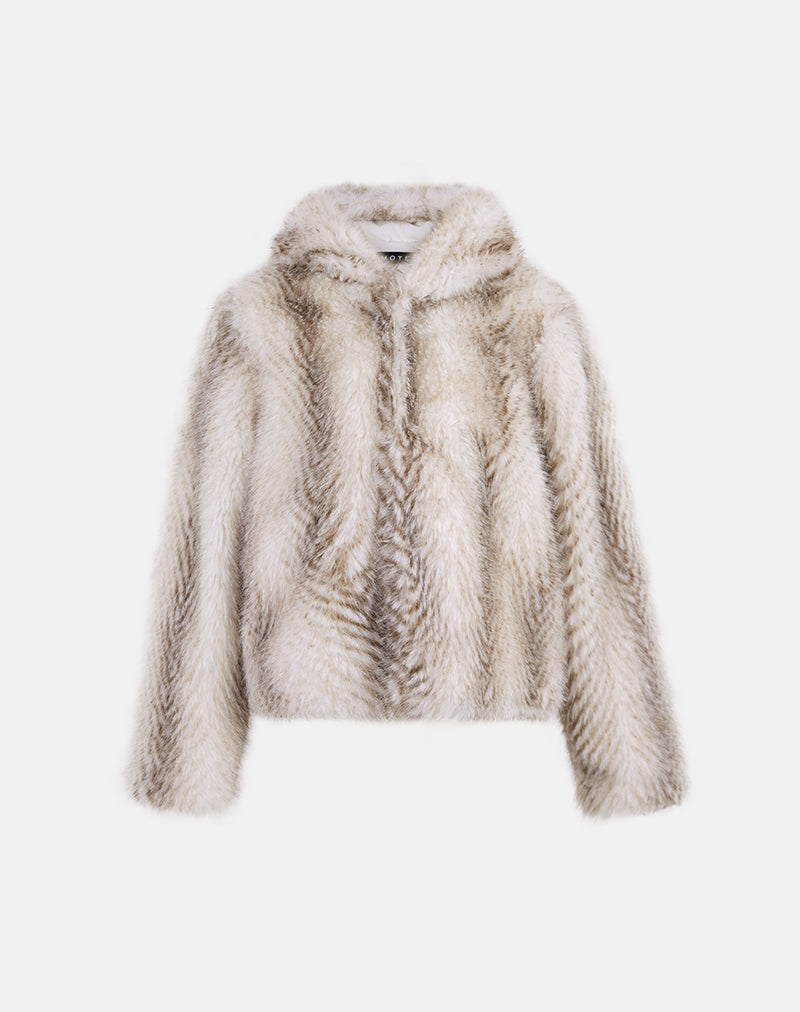 Afbeelding van Jemi Hooded Cropped Faux Fur Jacket in Crème
