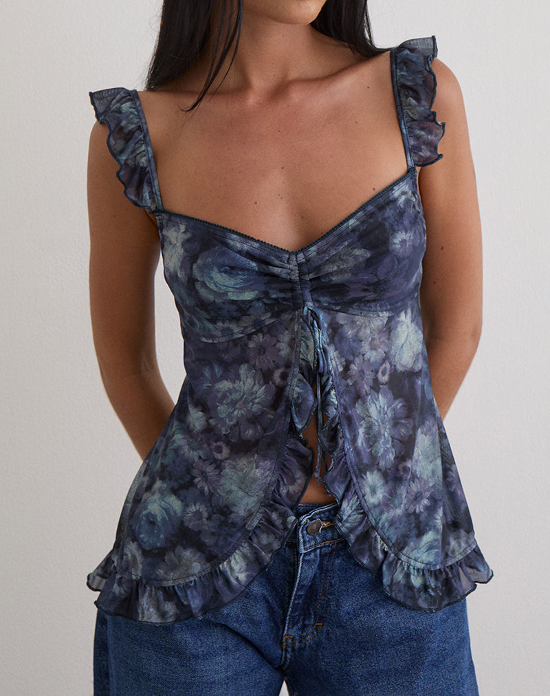 Afbeelding van Jibola Top in Mesh Arty Bloemen Donkerblauw