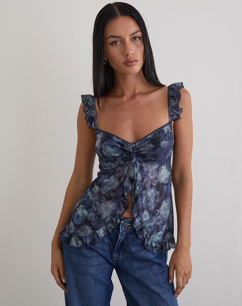 Afbeelding van Jibola Top in Mesh Arty Bloemen Donkerblauw