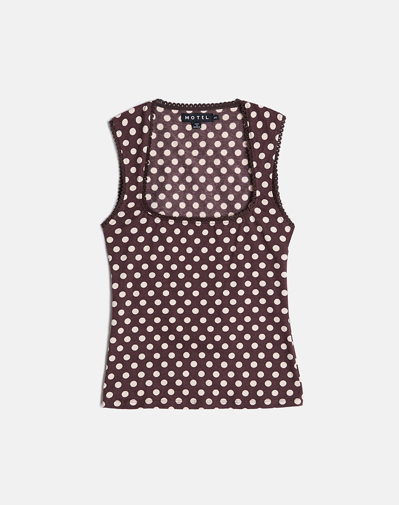 Jinalo Sweetheart Top in bruin met kleine crèmepolkafdrukken