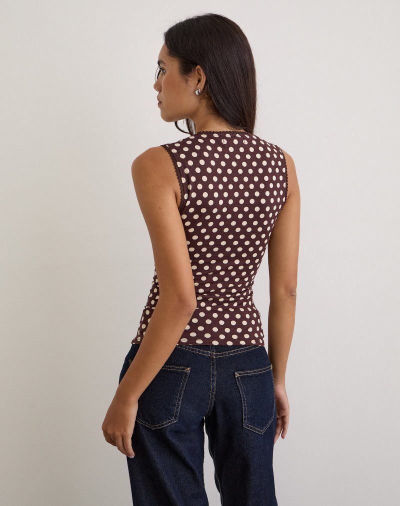 Afbeelding van Jinalo Sweetheart Top in Bruin met Kleine Crème Polka Prints