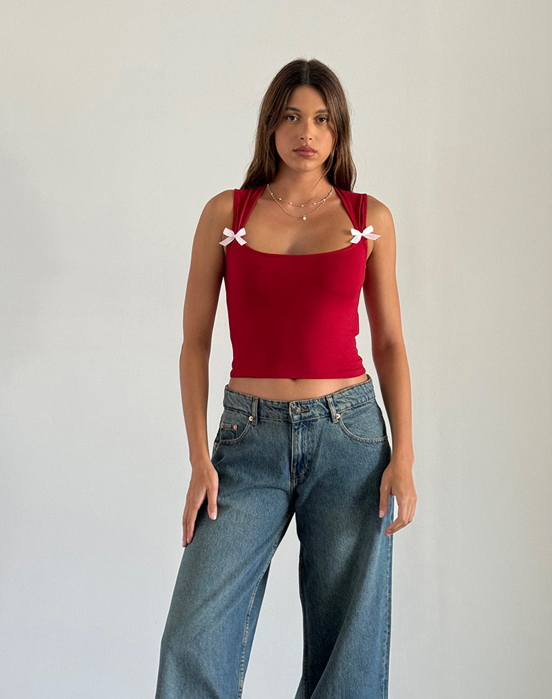 Afbeelding van Jiniso Crop Top in Adrenaline Rood met Roze Strikjes
