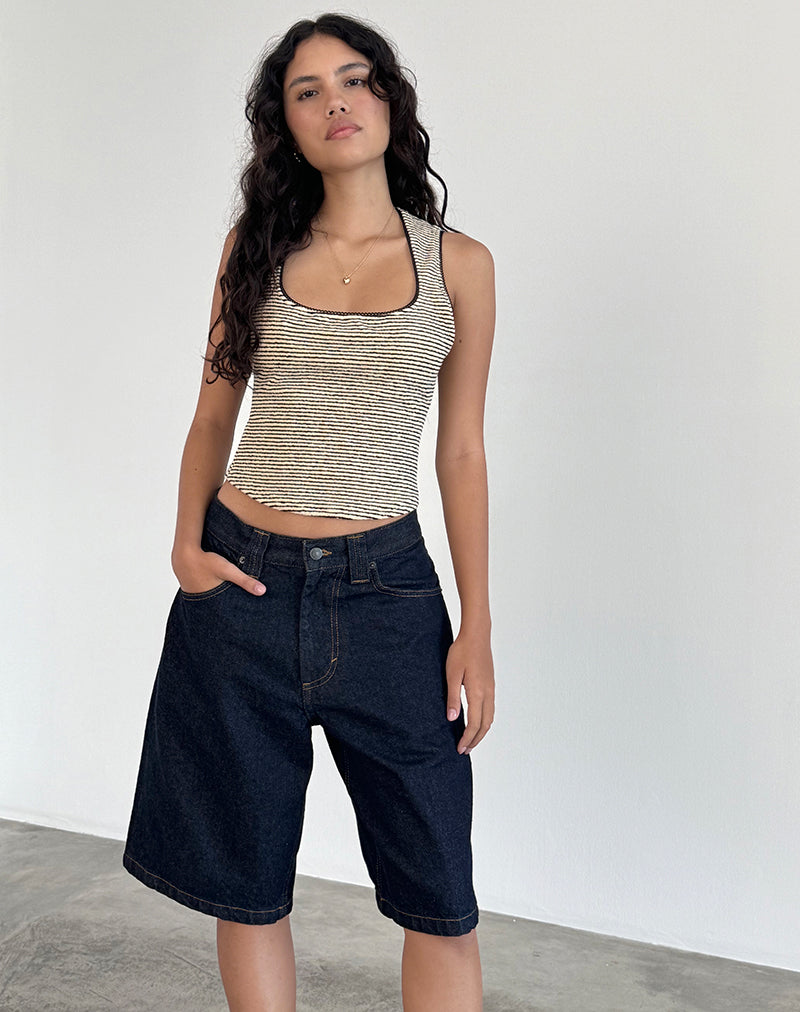Jinsu Top in zwart en gele streep met picotbiezen
