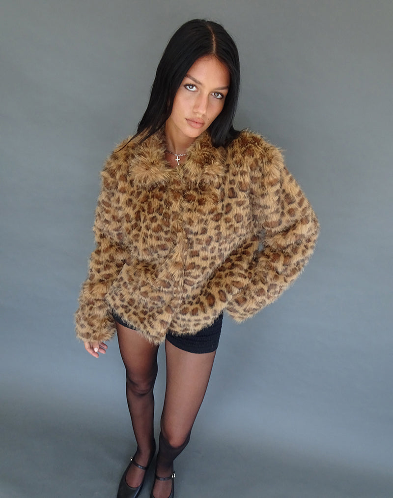 Joji Crop jas van imitatiebont in bruin luipaard