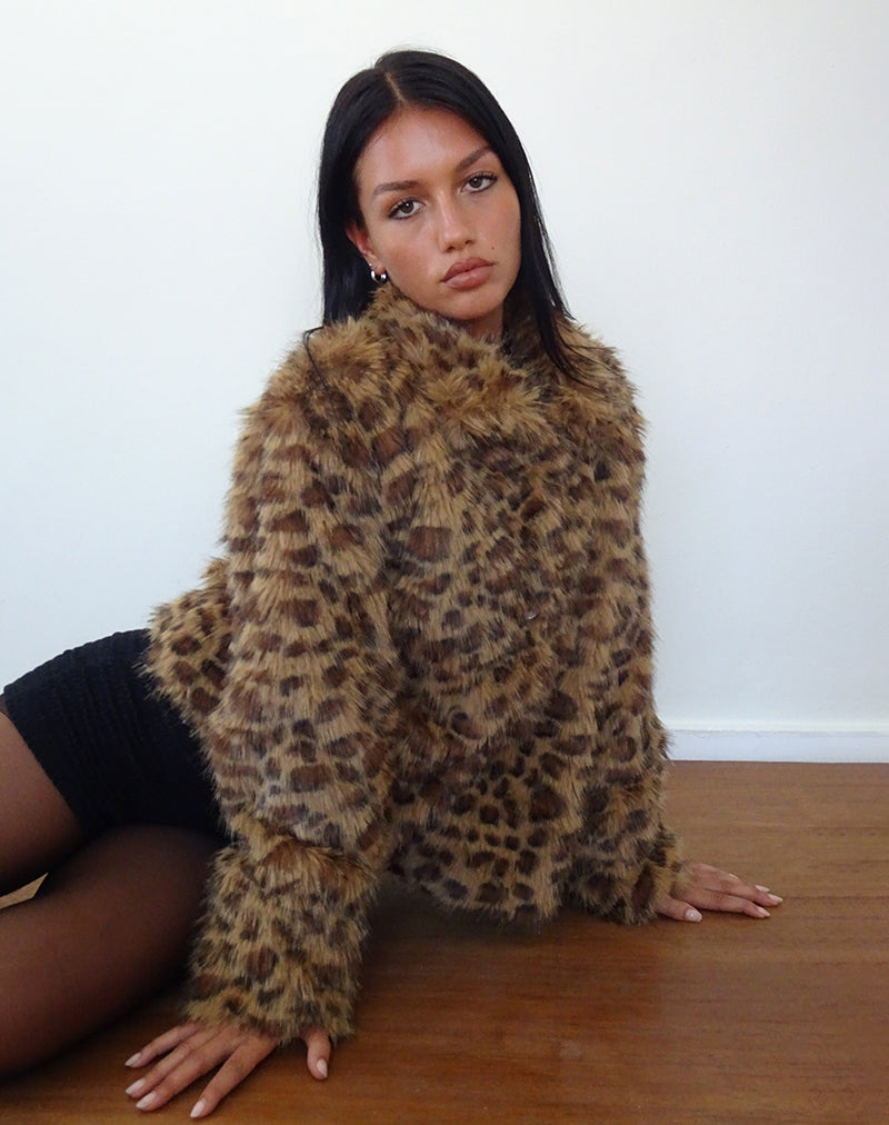 Joji Crop jas van imitatiebont in bruin luipaard