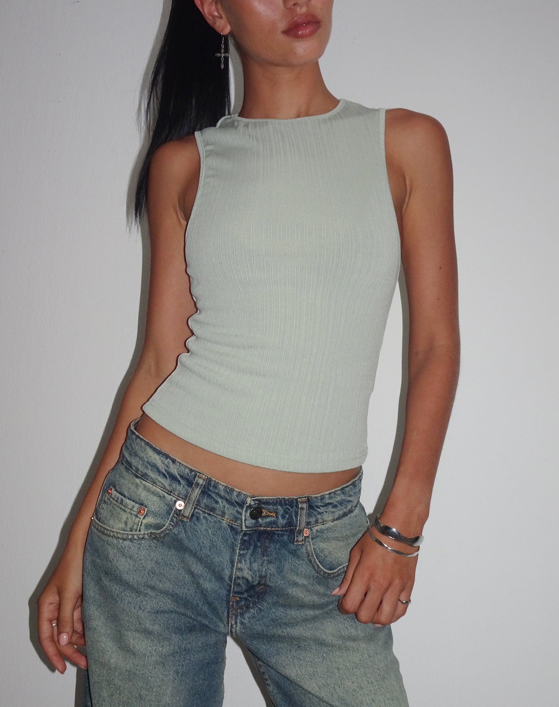 Afbeelding van Jordin Hoge Hals Jersey Top in Geribd Mint