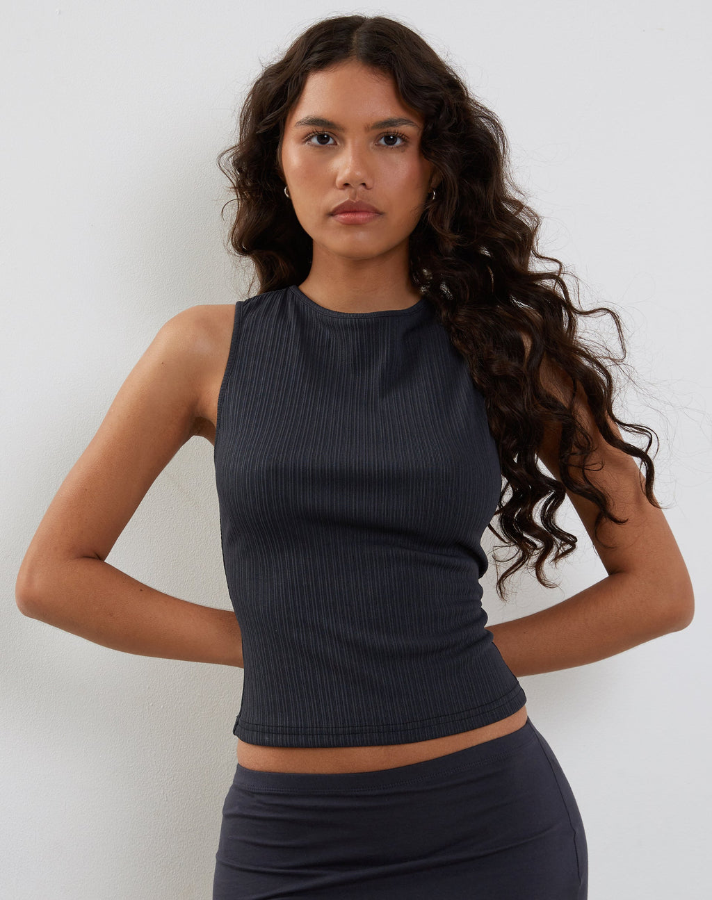 Jordin Hoge Hals Jersey Top in Geribd Ocean Storm