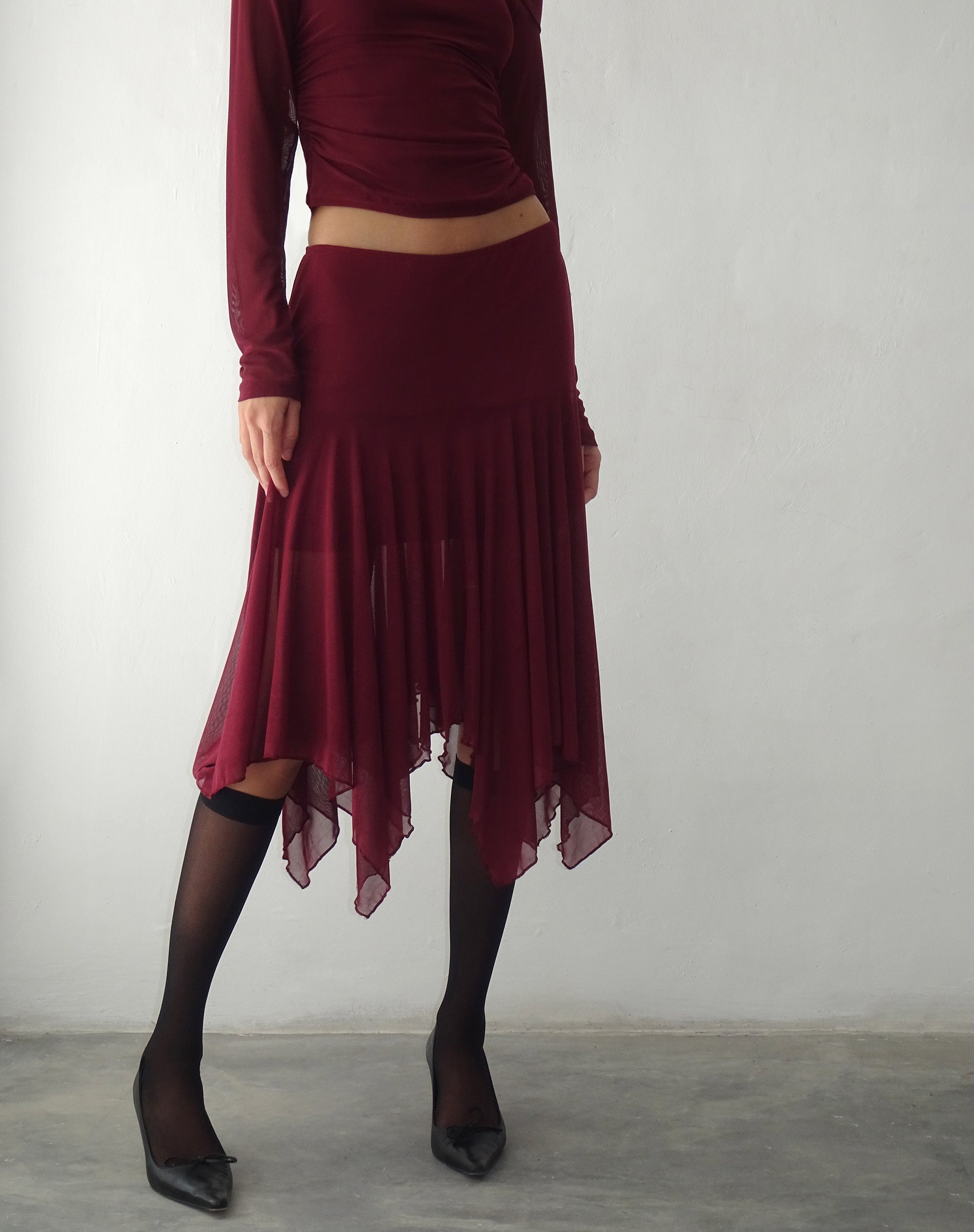 Afbeelding van Jovali Lage Taille Midi Rok in Mesh Maroon