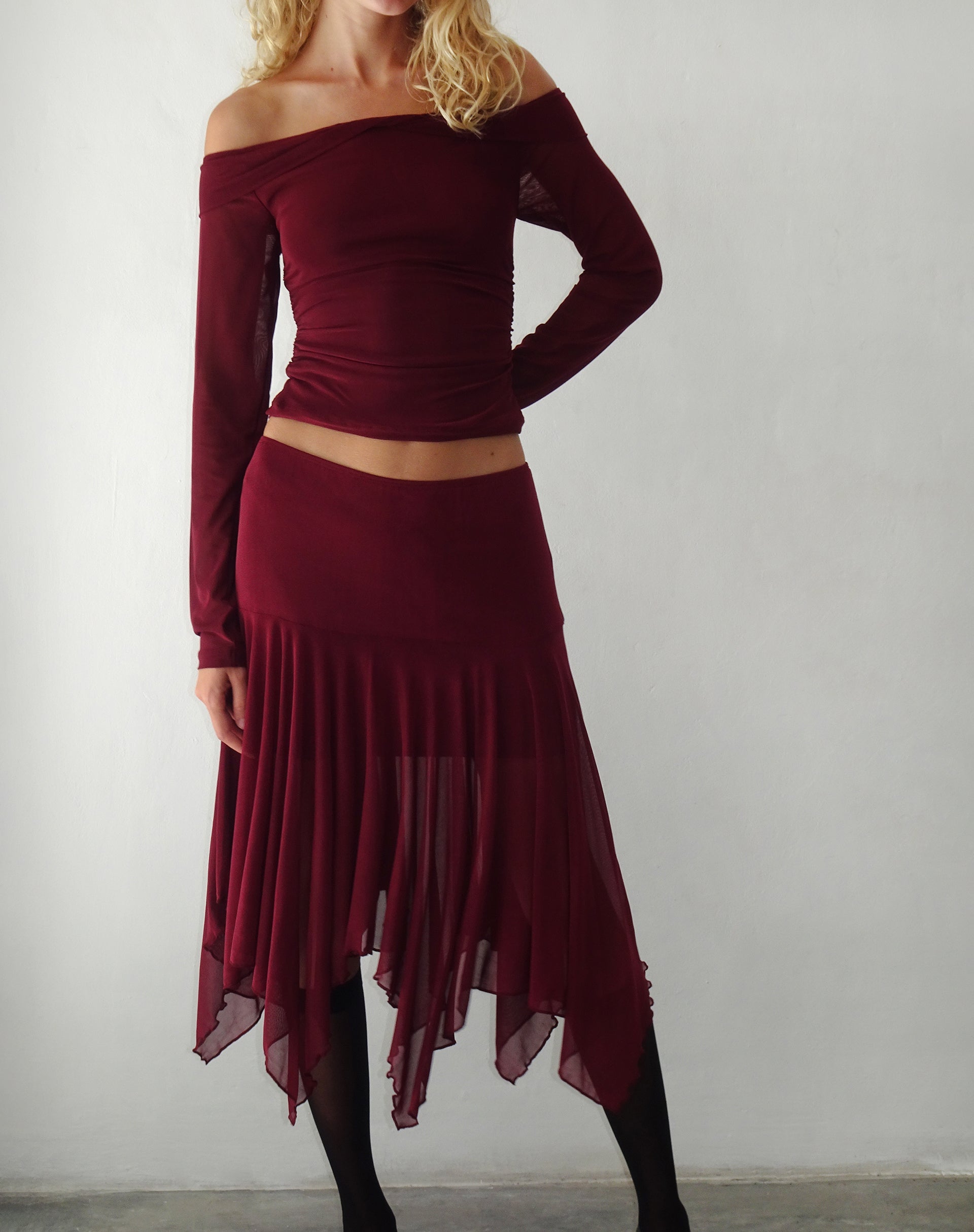 Afbeelding van Jovali Lage Taille Midi Rok in Mesh Maroon