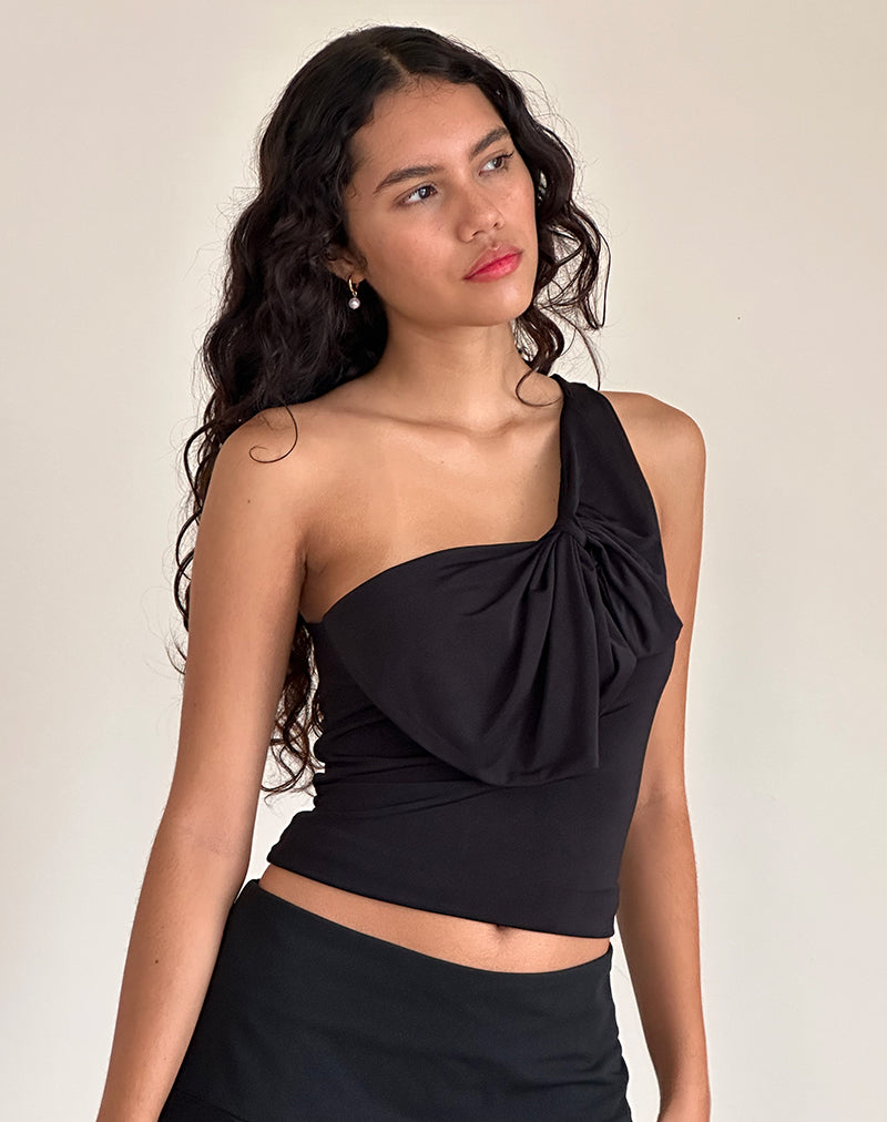 Jovie One Shoulder Slinky Strik Top in Zwart