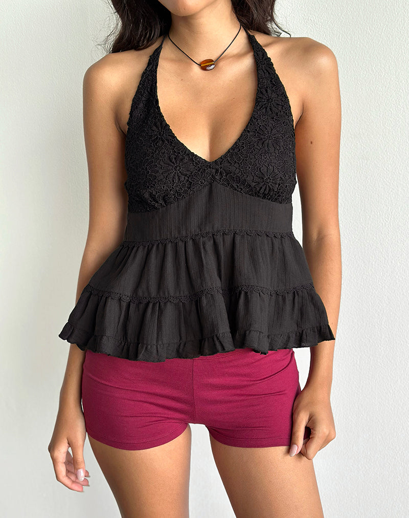 Afbeelding van Juanita Frill Halter Hals Top in Zwart