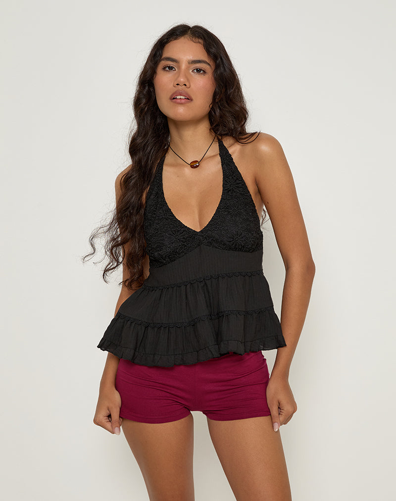 Juanita Frill Halter Hals Top in Zwart