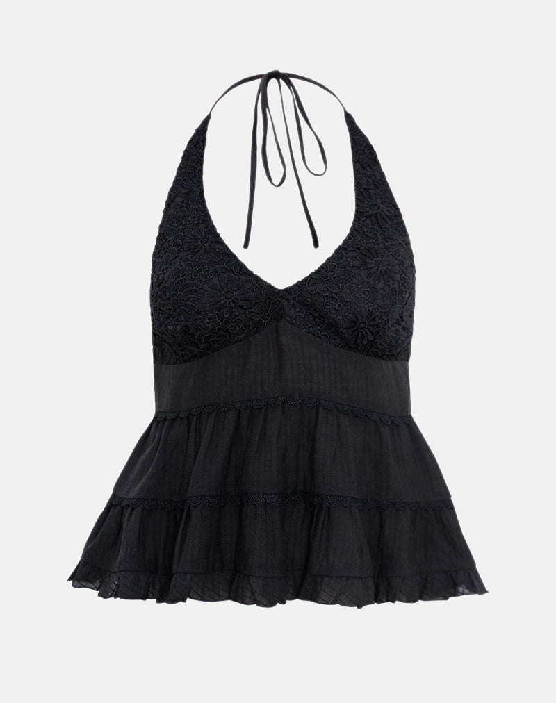 Juanita Frill Halter Hals Top in Zwart