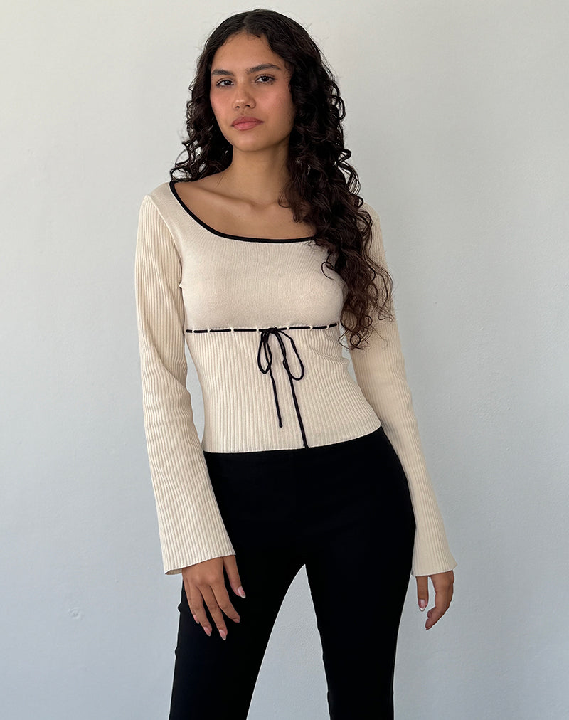 Afbeelding van Juhye Gebreide Lange Mouw Top in Beige met Zwarte Binding