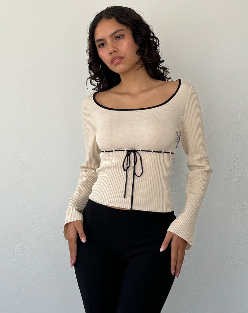 Afbeelding van Juhye Gebreide Lange Mouw Top in Beige met Zwarte Binding