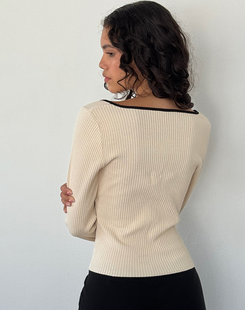 Afbeelding van Juhye Gebreide Lange Mouw Top in Beige met Zwarte Binding