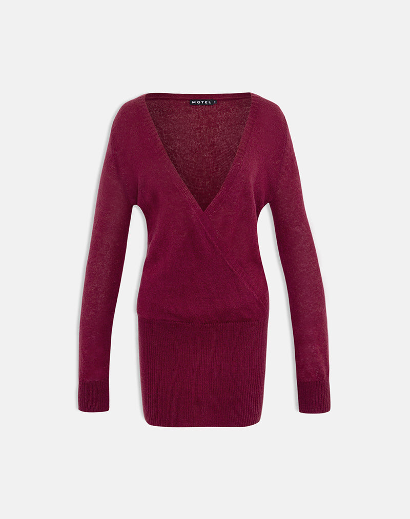 Afbeelding van Junbi Wrap Mini Dress in Knit Wine