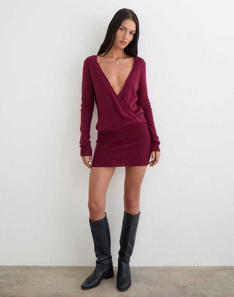 Afbeelding van Junbi Wrap Mini Dress in Knit Wine