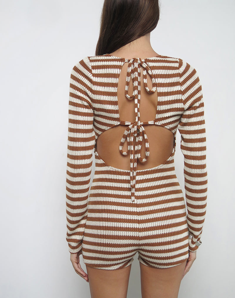 Kaipo Playsuit met Streepjesrug in Bruin Ivoor