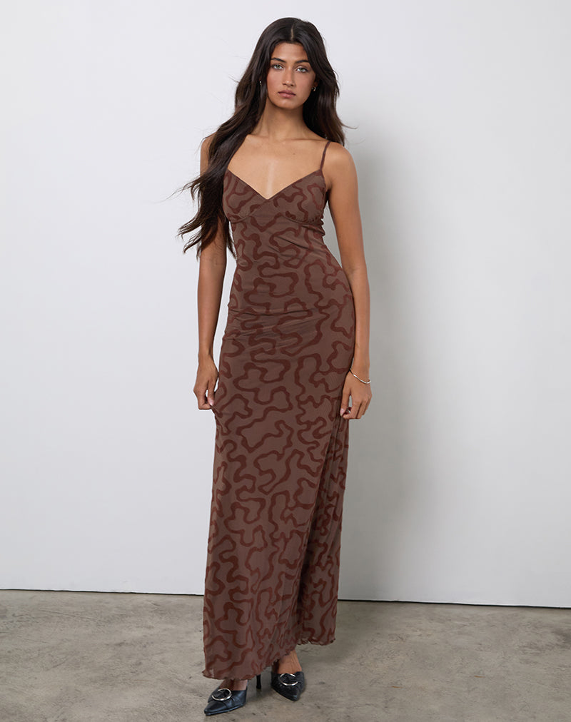 Afbeelding van Kalana Maxi Dress in Bruin Swirl Flock