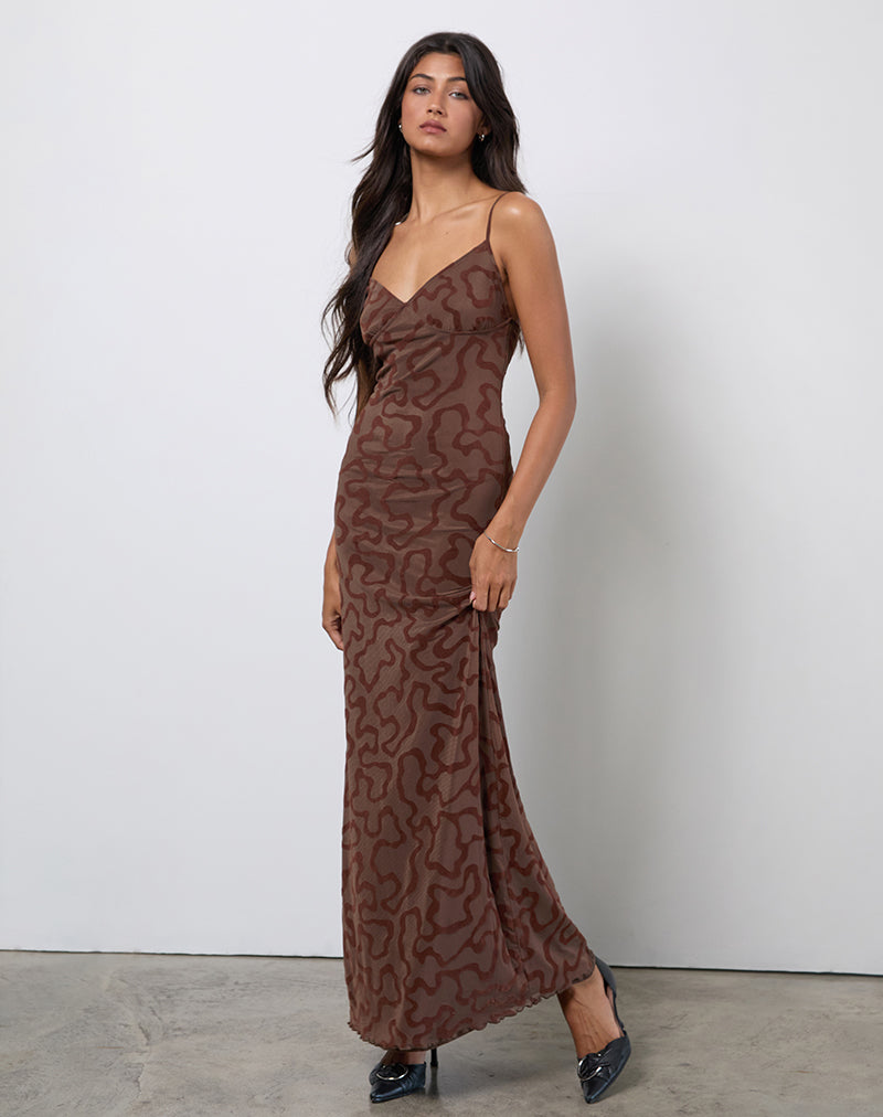 Afbeelding van Kalana Maxi Dress in Bruin Swirl Flock