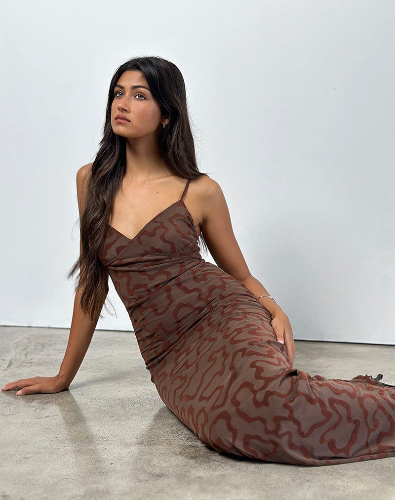 Afbeelding van Kalana Maxi Dress in Bruin Swirl Flock