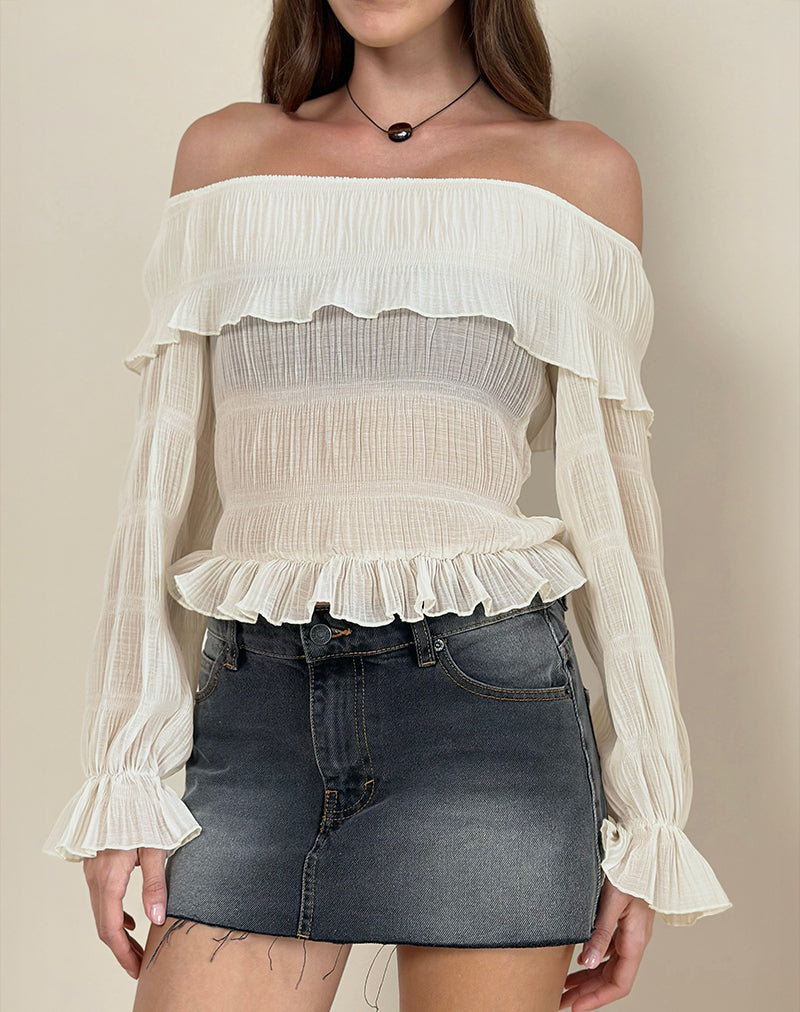 Afbeelding van Kalena Lange Mouw Bardot Top in Chiffon Plisse Ivoor