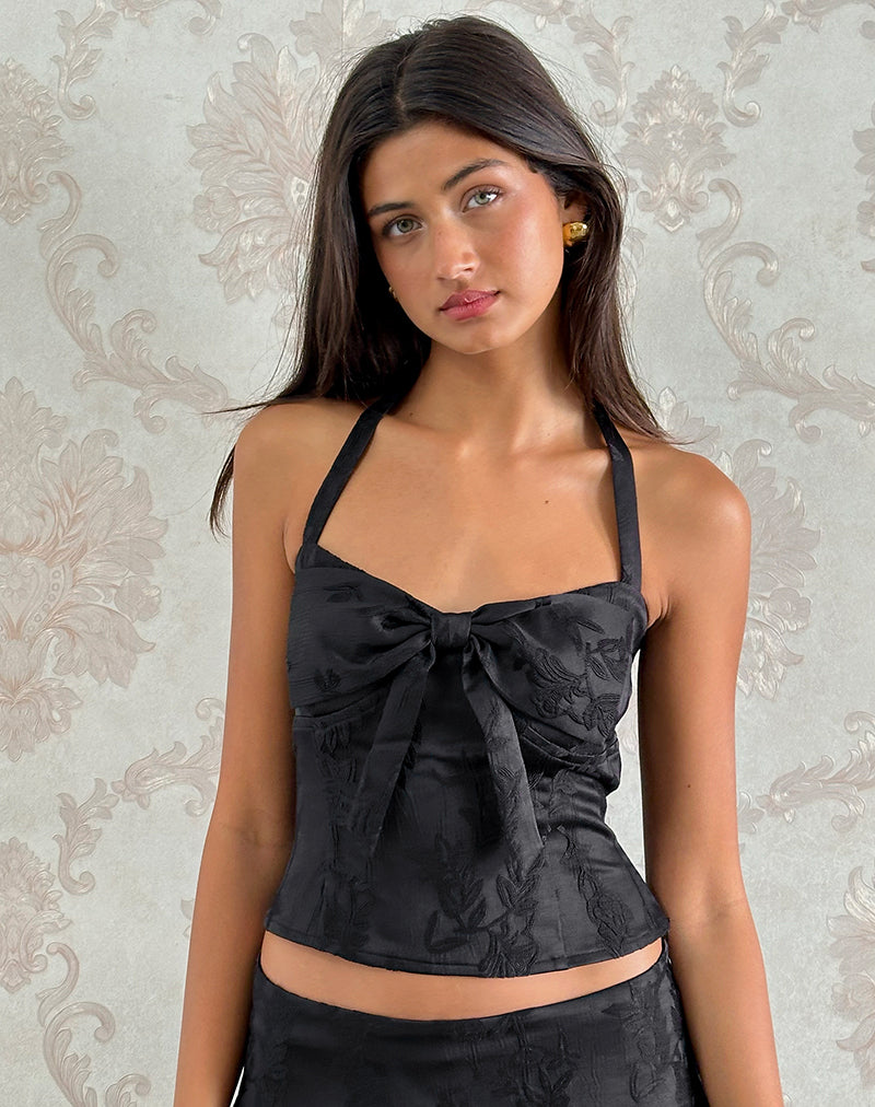 Afbeelding van Kampi Halter Top in Satijn Jacquard Zwart