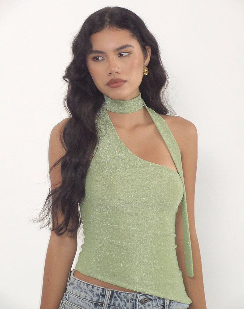 Afbeelding van Karasi Tie Neck Top in Shimmer Lurex Groen