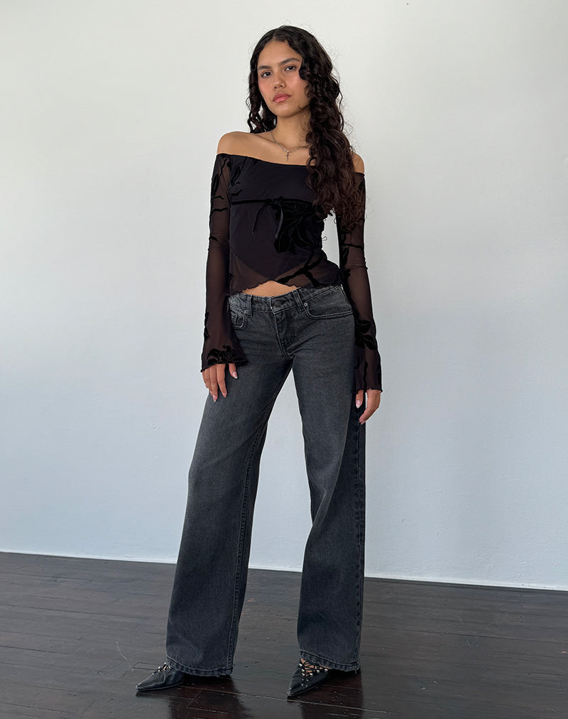 Afbeelding van Kareena Bardot Top met lange mouwen in Orchid Flock Zwart