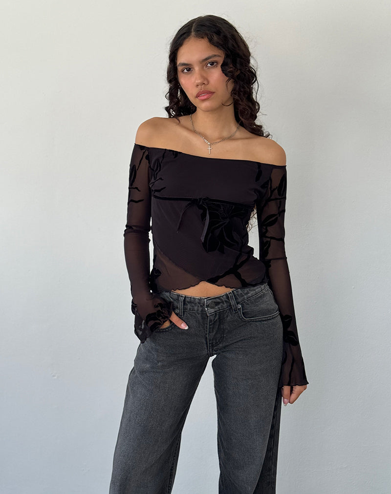 Afbeelding van Kareena Bardot Top met lange mouwen in Orchid Flock Zwart