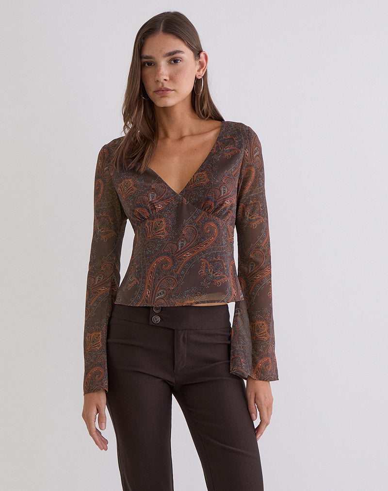 Karilo top met lange mouwen in chiffon royal paisley bordeauxrood