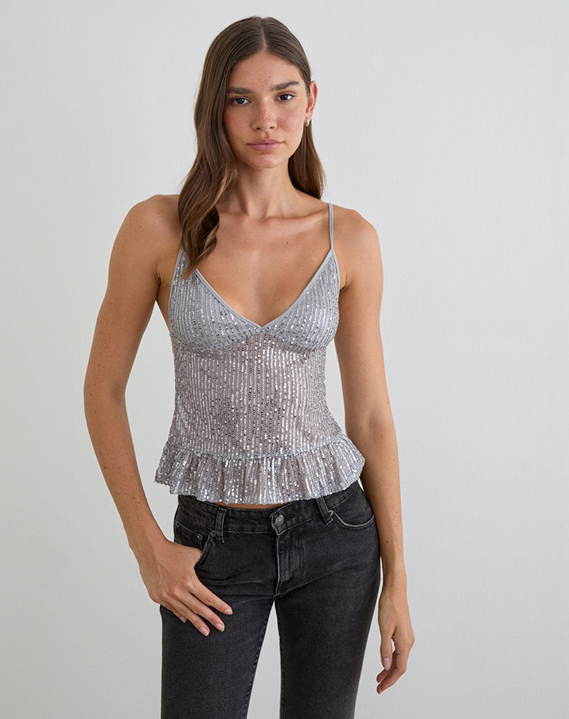 Karka Cami Top in Drapé Pailletten Grijs