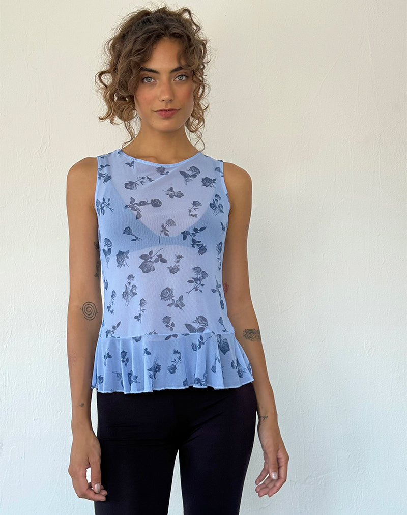 Katnis Top in donkerblauw bloemenraster
