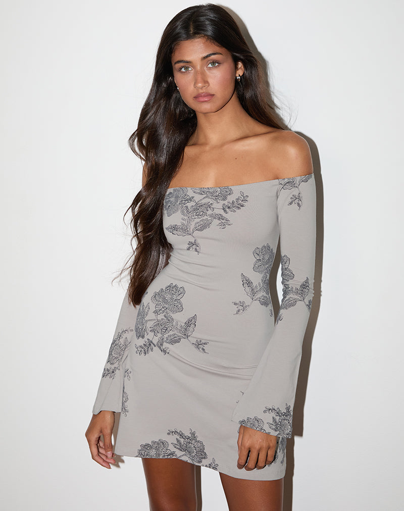 Kausar Off Shoulder Mini Dress in Lace Flower Grijs