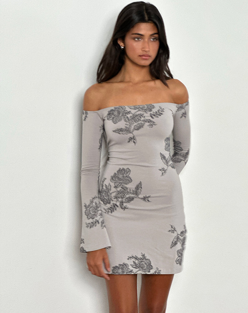 Afbeelding van Kausar Off Shoulder Mini Dress in Lace Flower Grijs