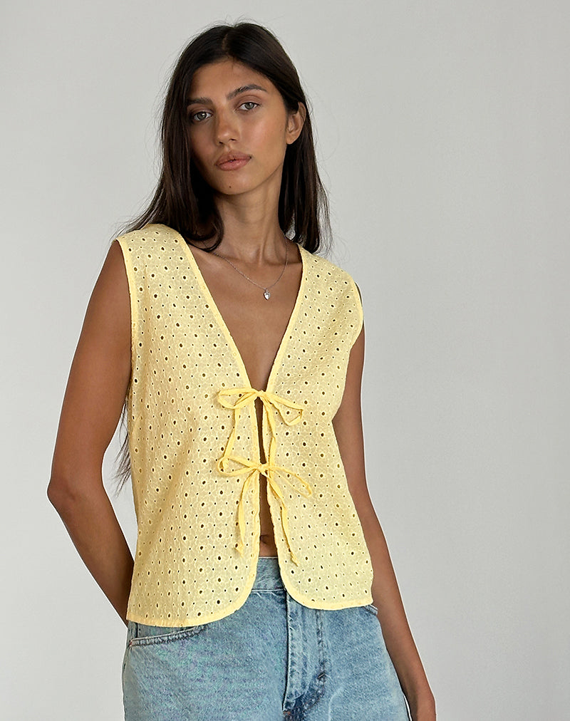 Afbeelding van Kayve Top met Stropdas in Broderie Geel