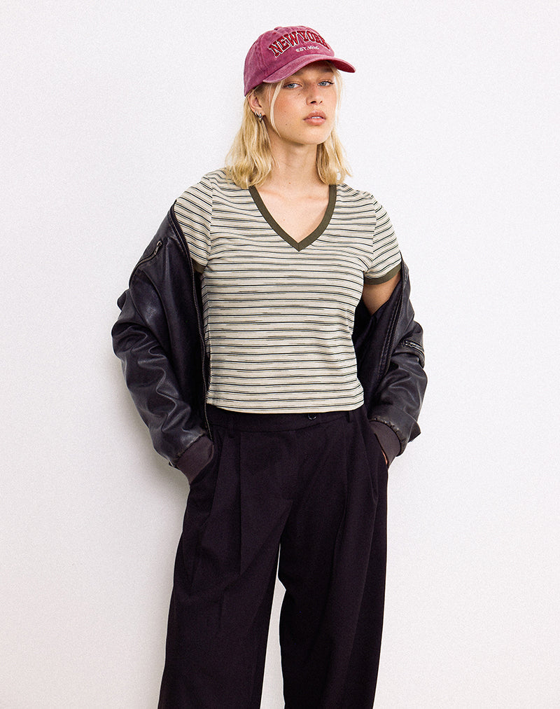 Keiko Top in Stripe Jersey Ton-sur-ton bruin