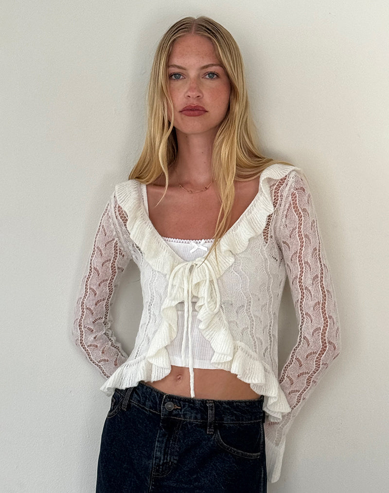 Kenira Vest in Pointelle Gebreid Berken Crème