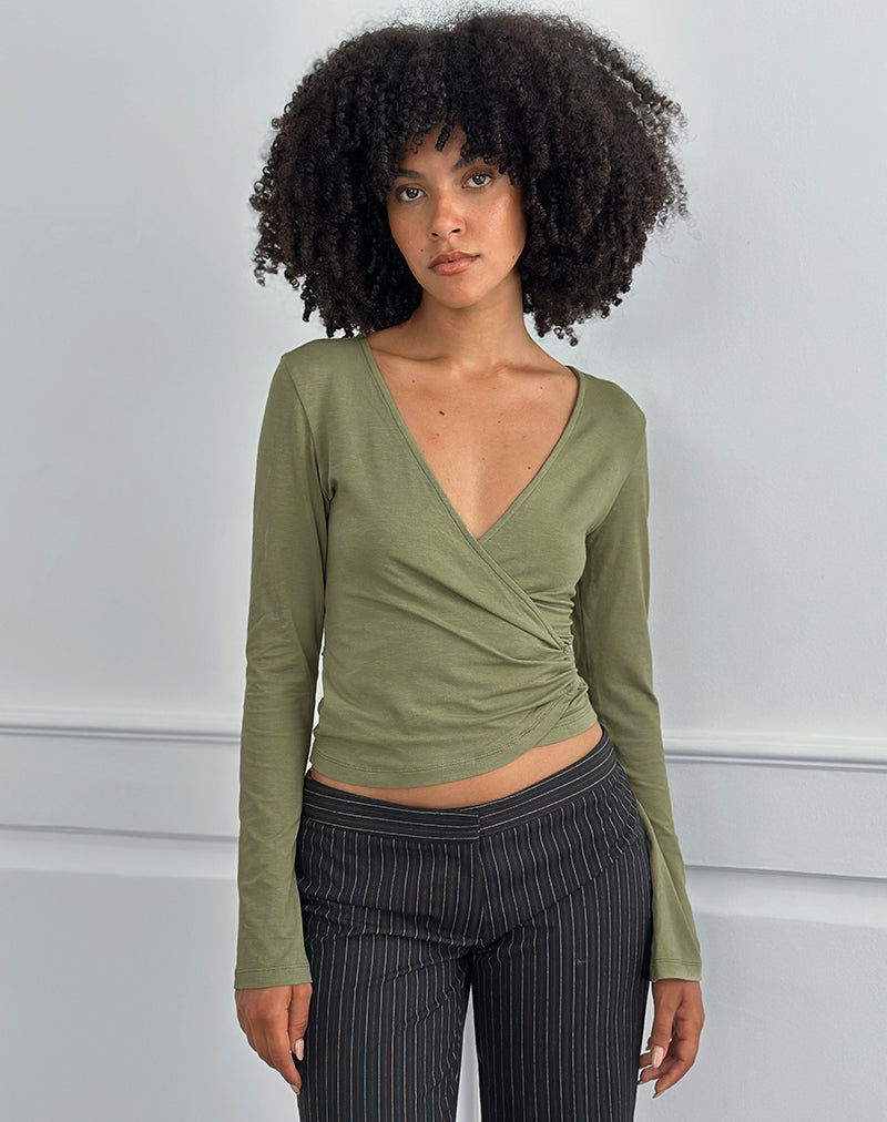 Kien Wrap Top met lange mouwen in olijfgroen