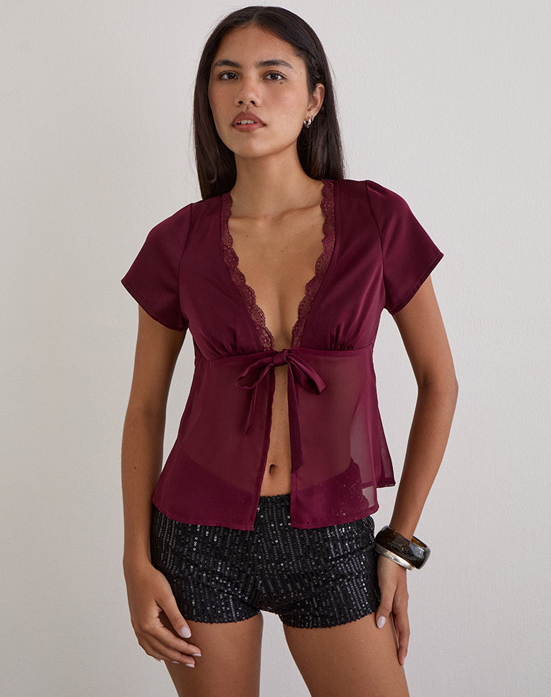 Kilu Top in satijnchiffon bordeauxrood
