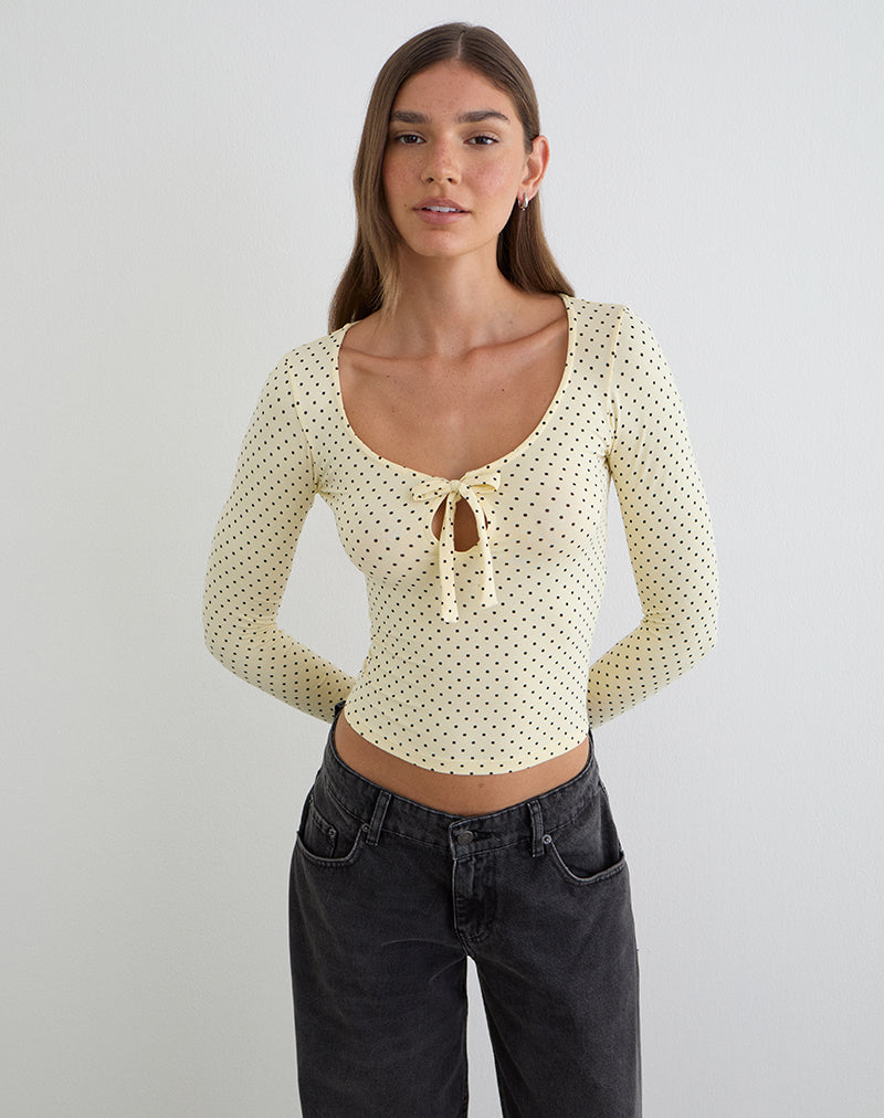 Afbeelding van Kline top met lange mouwen en strik aan de voorkant in rayon jersey micro polka crème