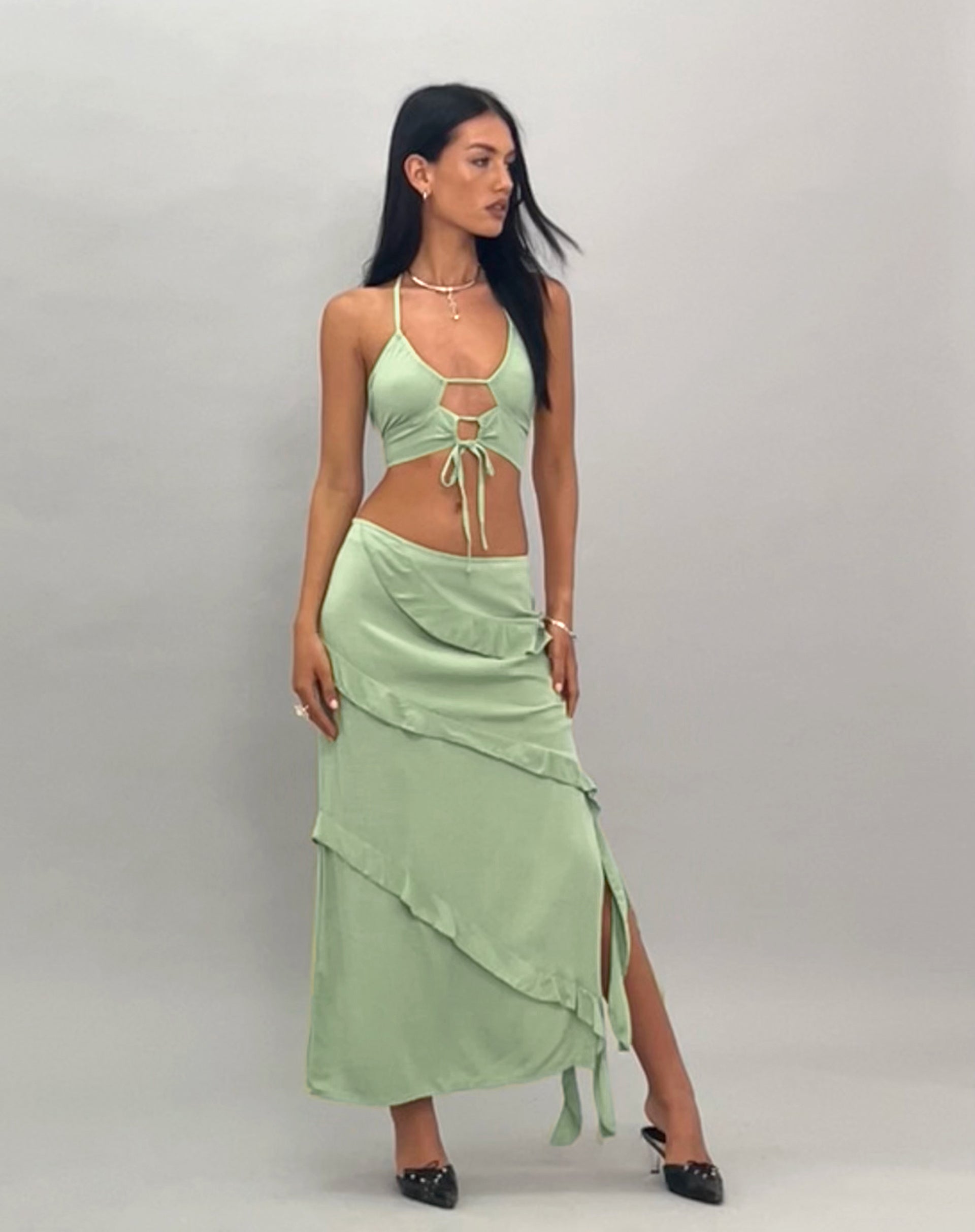 Afbeelding van Varena Low Rise Ruffle Maxi Skirt in Mint Sage
