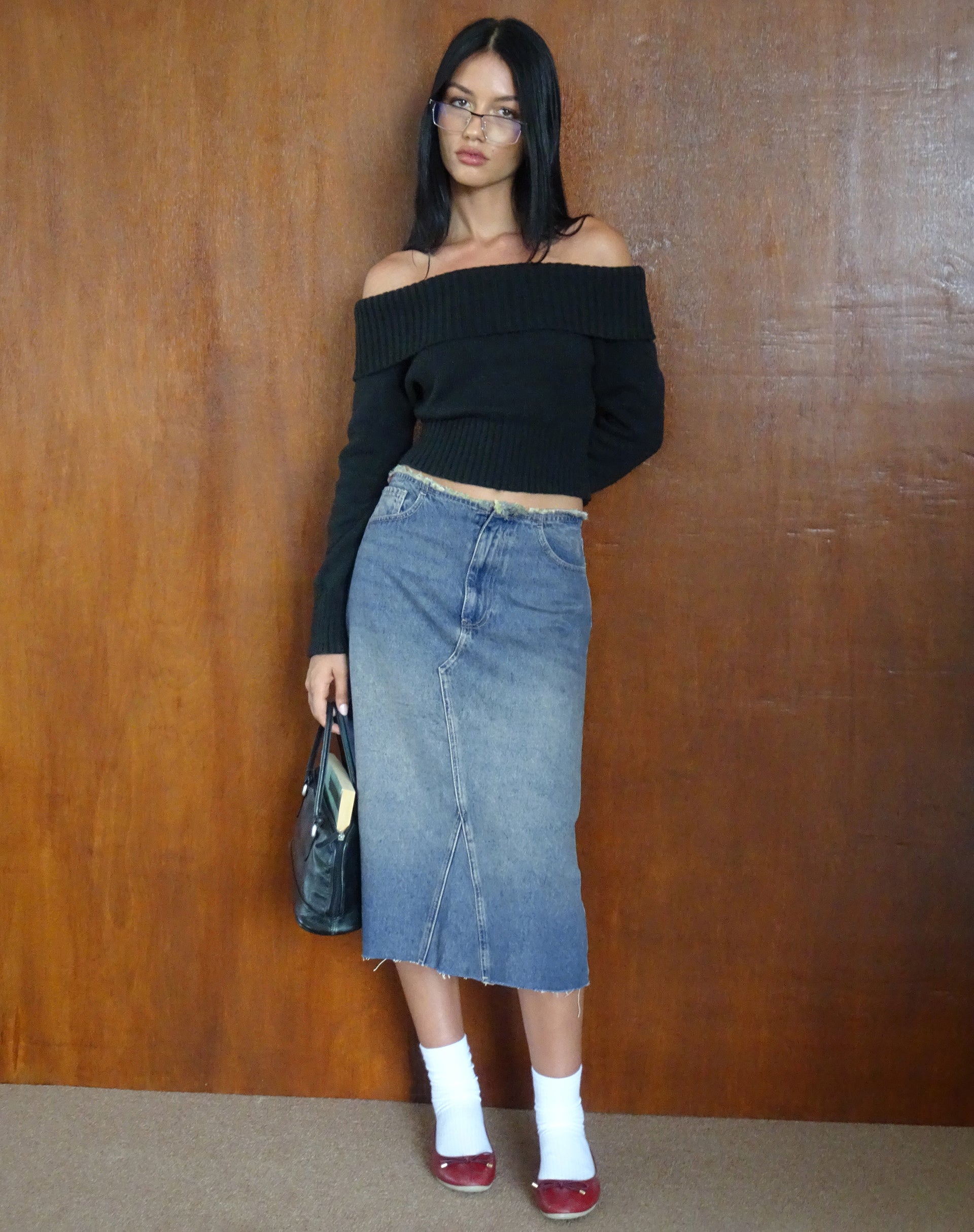 Afbeelding van Denim midirok met lage taille in vintage blauwgroen