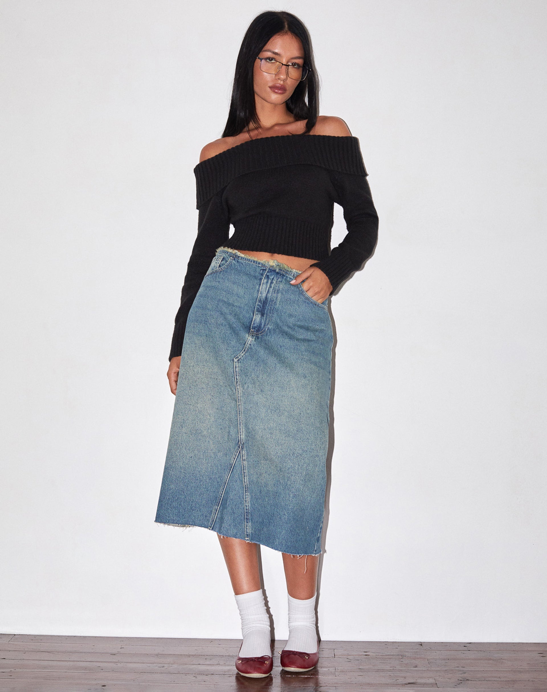 Afbeelding van Denim midirok met lage taille in vintage blauwgroen