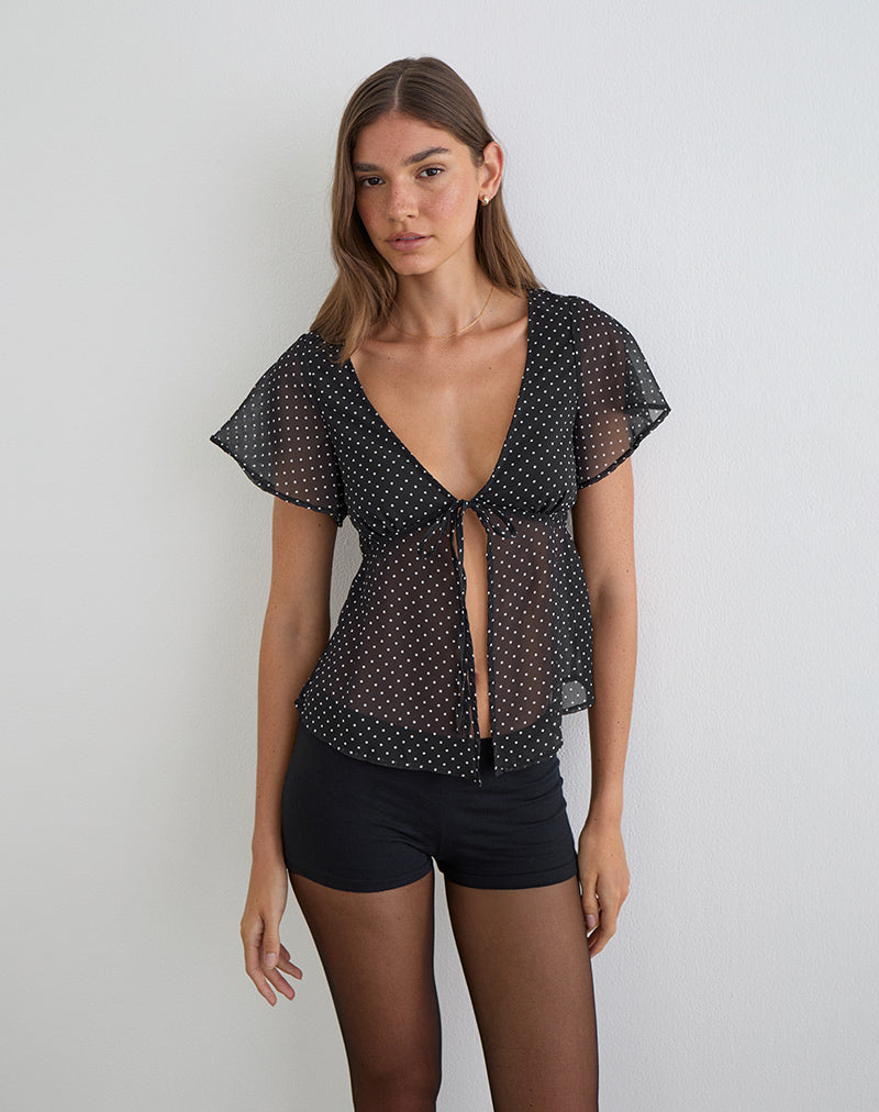 Kota chiffon blouse in zwart met micro-polkadotprint