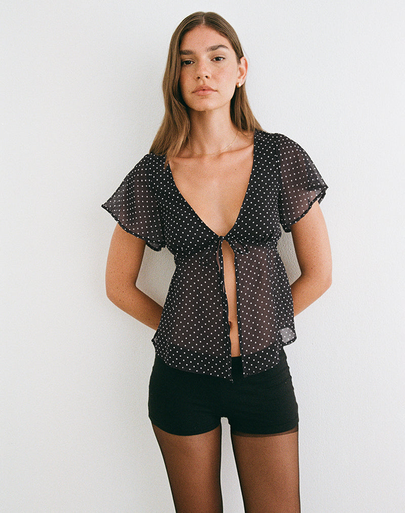 Kota chiffon blouse in zwart met micro-polkadotprint