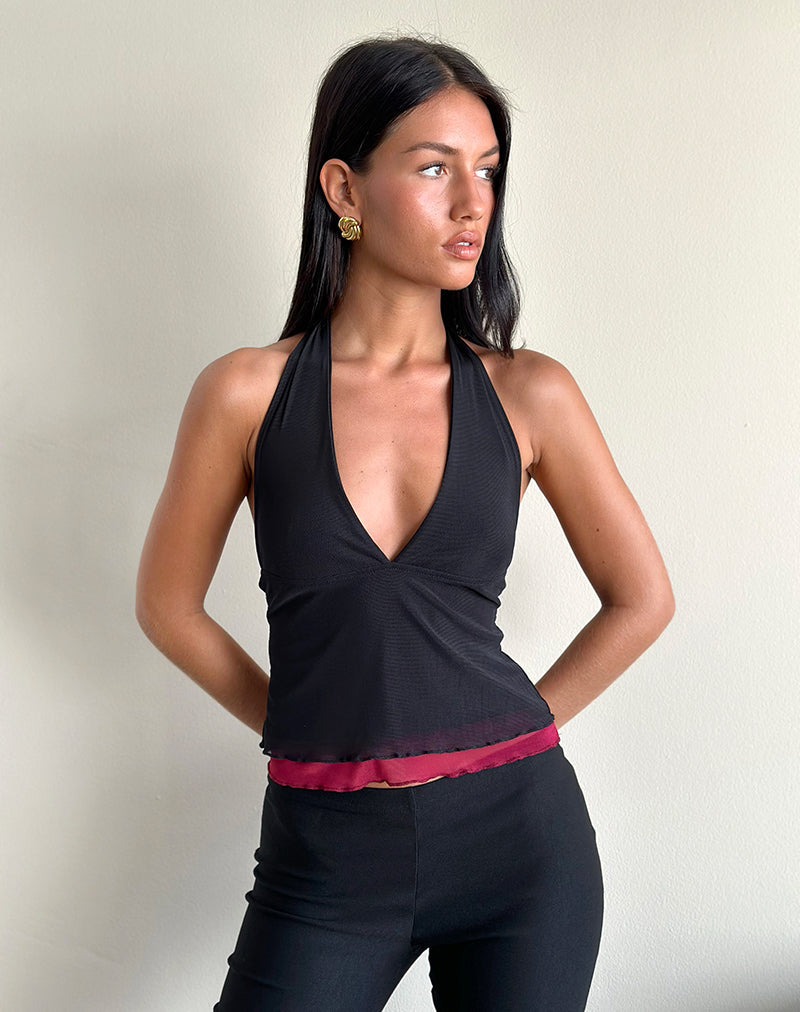 Kubra Haltertop in Mesh Zwart en Rood