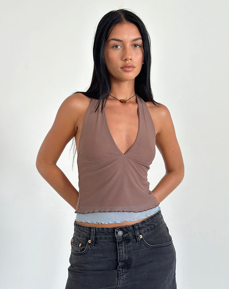 Kubra Halter Top in Mesh Bruin en Lichtblauw