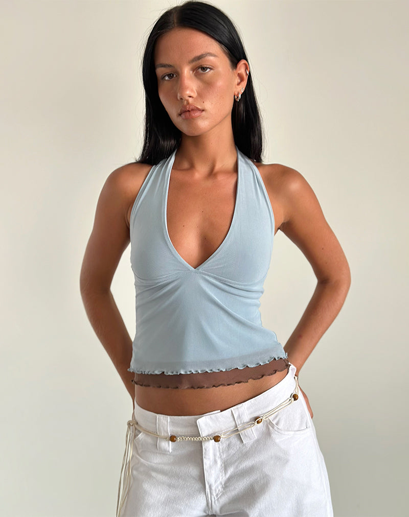 Kubra Halter Top in Mesh Lichtblauw en Bruin
